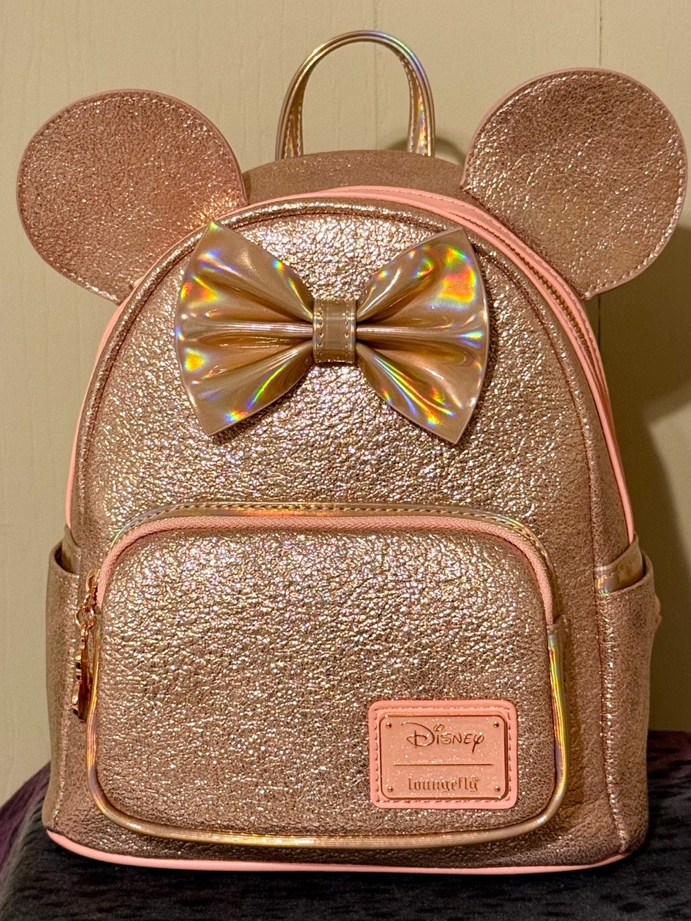 Loungefly Rose Gold Holographic Bow Minnie Backpack